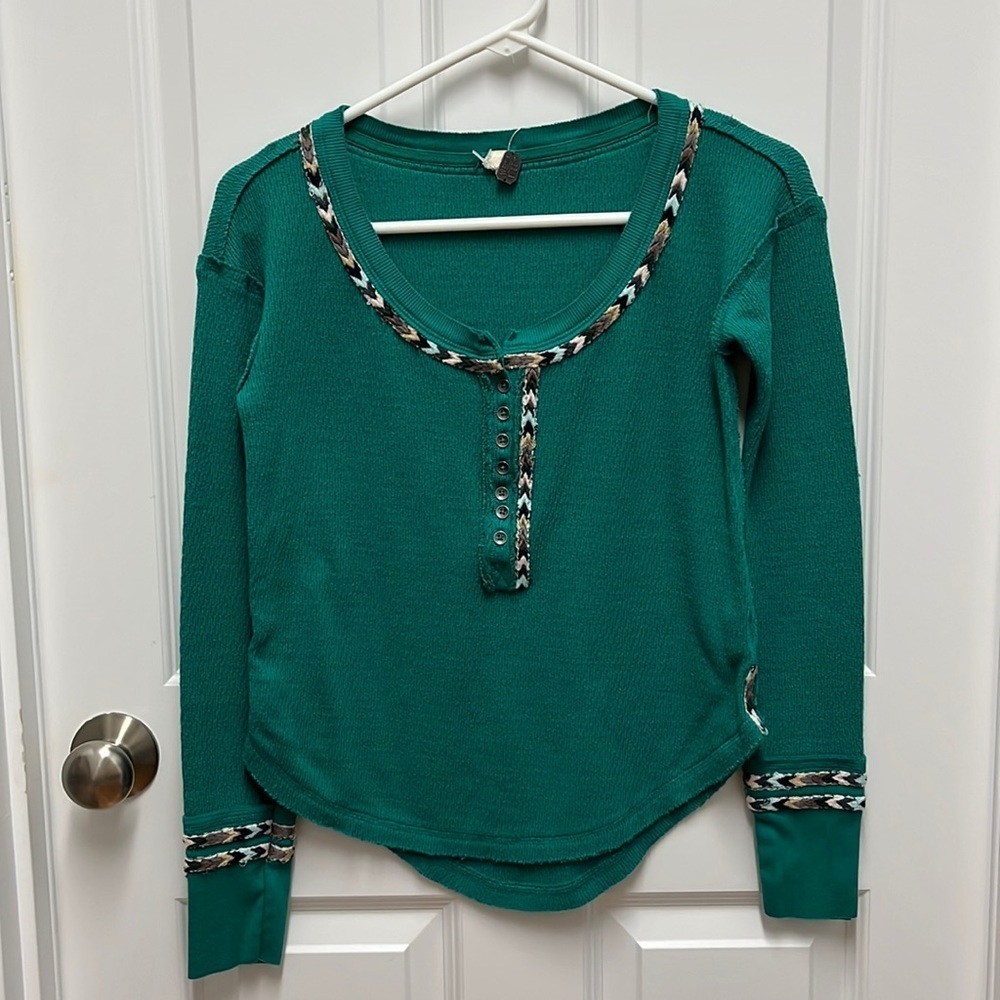 We The Free Free People Jungle Green Thermal Henley Waffle Knit Top XS